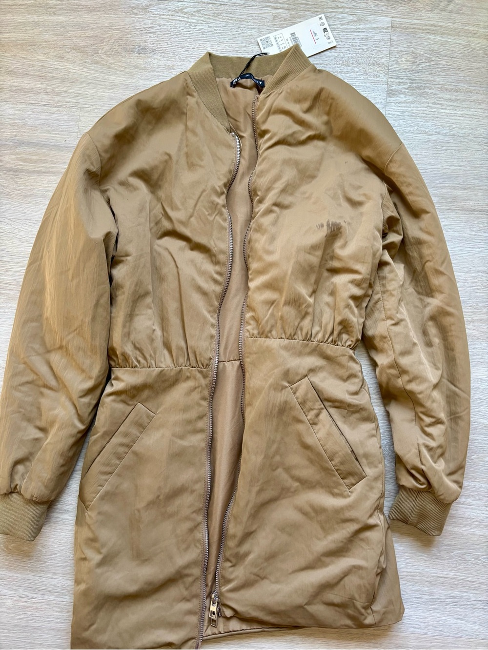Zara Camel Long Bomber Jacket NWT Size Small Zip Front Pockets